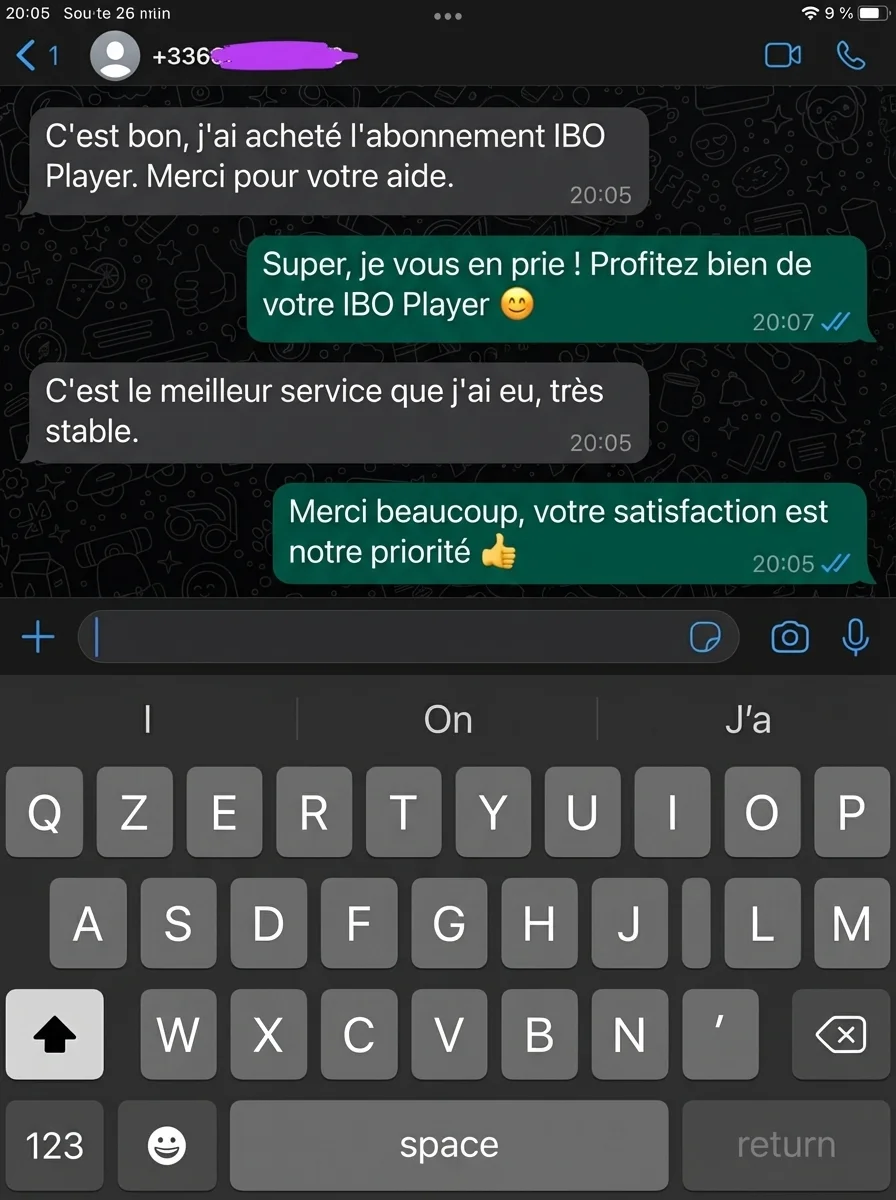 Avis client WhatsApp IBO Player — Meilleur service IPTV très stable, abonnement IBO Pro