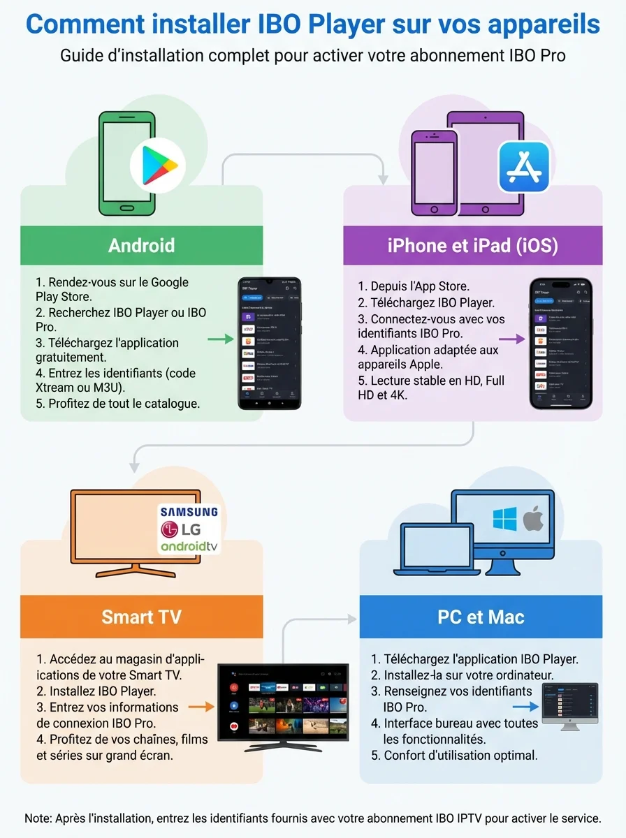Guide installation IBO Player sur Android, iPhone iOS, Smart TV Samsung LG et PC Mac — Abonnement IBO Pro IPTV
